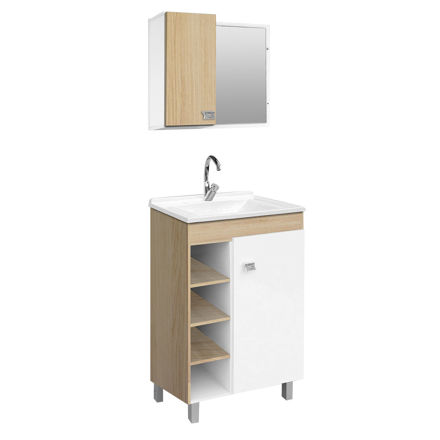 Imagen de Mueble de baño de pie Sophia Roble 60cm bacha de resina natural y espejo con botiquín