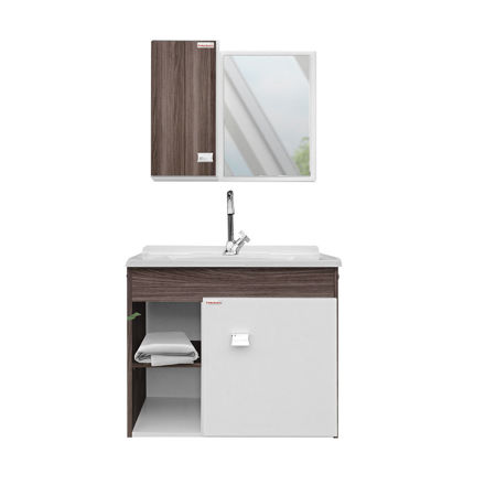 Imagen de Mueble de baño suspendido Sophia Almendra 60cm bacha de resina natural y espejo con botiquín