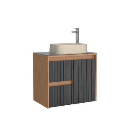 Imagen de Mueble de baño suspendido Kyoto Negro 61 cm con tapa de vidrio y bacha de loza